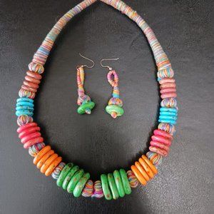 Multi-Color Wooden/Fabric Necklace Earring Set. 2.9 oz., 20 in. Length.
